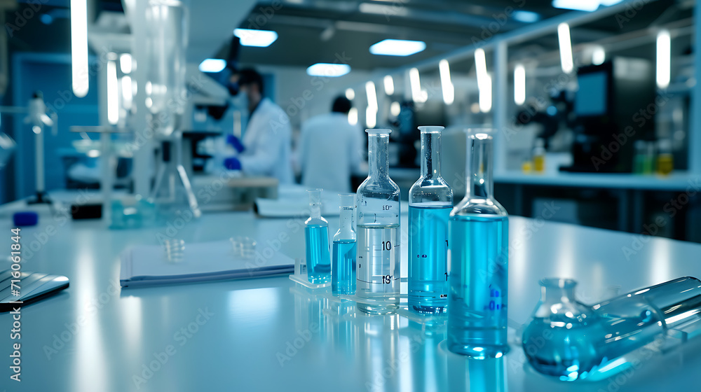 Em um laboratório moderno e elegante uma série de tubos e frascos