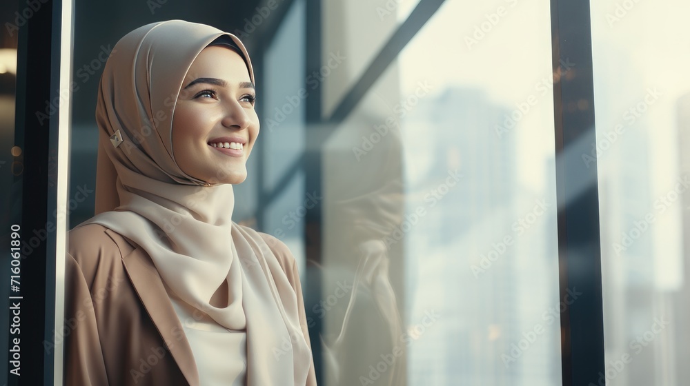 Muslim young business woman looking at the window Muslim young business woman looking at the window