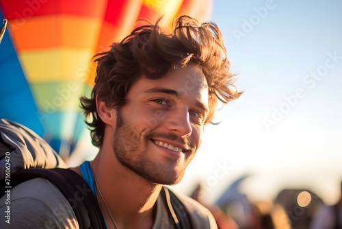 Cheerful male traveler enjoying a vibrant hot air balloon festival
