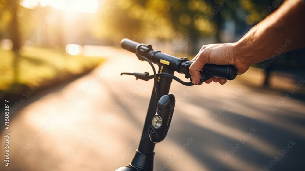 Closeup of a hand grasping the handlebars of an electric scooter, ready to zoom off on a carbonneutral ride. Closeup of a hand grasping the handlebars of an electric scooter, ready to zoom off on a carbonneutral ride.