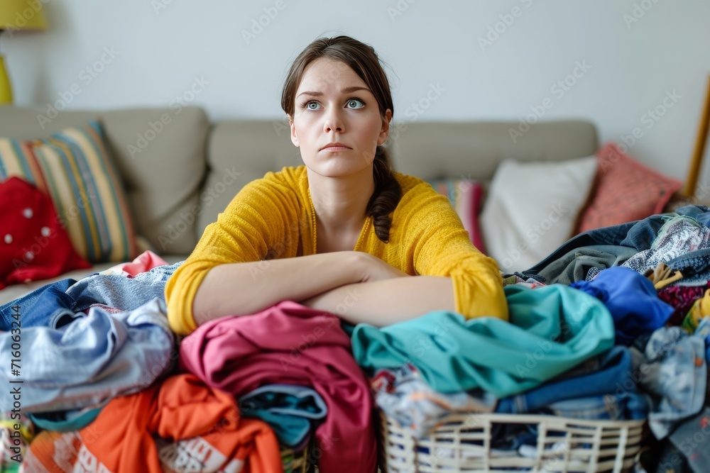 Obraz premium Woman Overwhelmed by Piles of Laundry