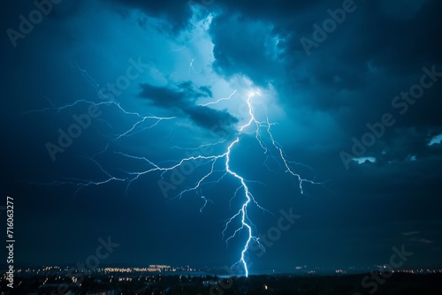 Lightning Strike from Thunderstorm Illuminating the Night Sky Over a City
