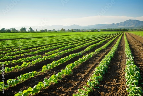 Rows of Green Crops on a Farm Field with Mountain Background in Daylight