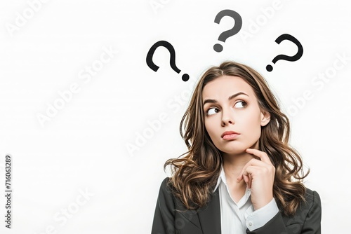 Businesswoman with Question Marks Overhead and Thoughtful Expression on White Background