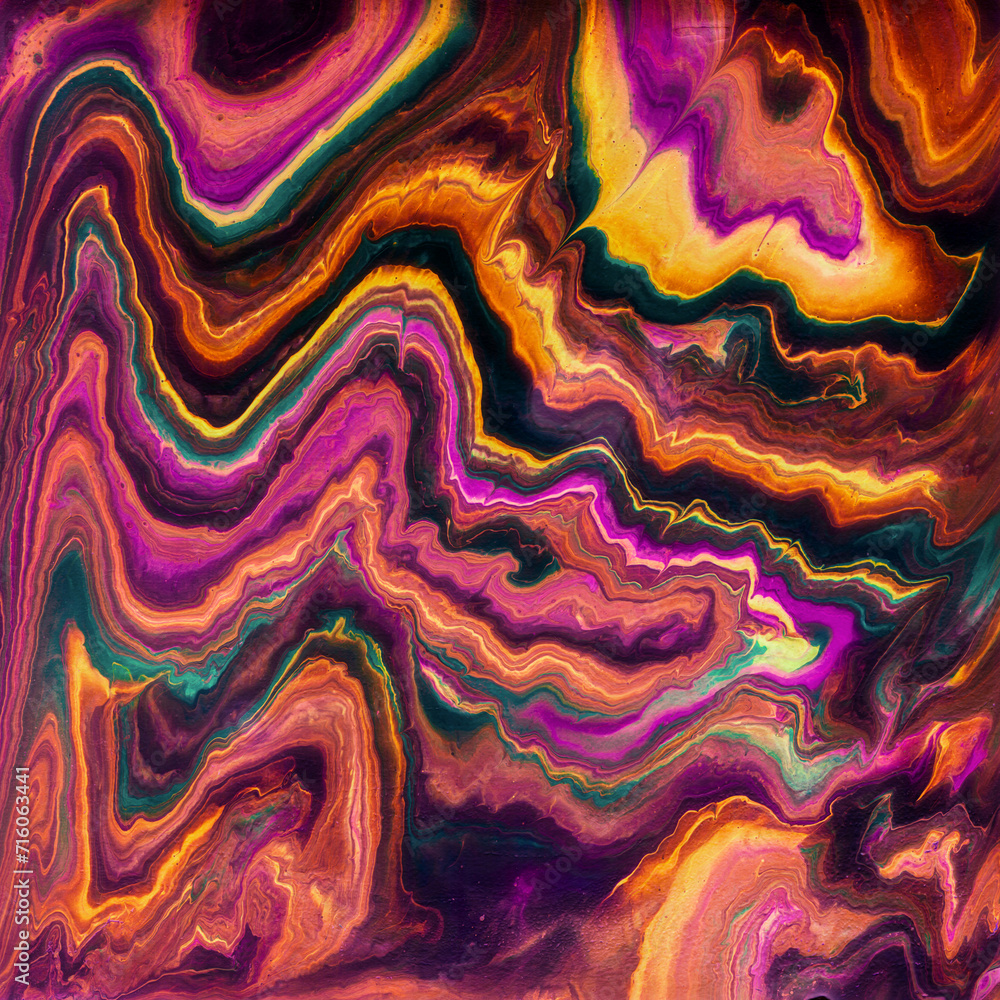 Fototapeta premium Vibrant, colorful and fluid abstract paint texture background in a modern and contemporary style with shades of magenta, yellow, orange, green, black