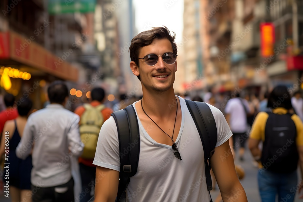 Male traveler enjoying the vibrant atmosphere of an Asian street market Male traveler enjoying the vibrant atmosphere of an Asian street market