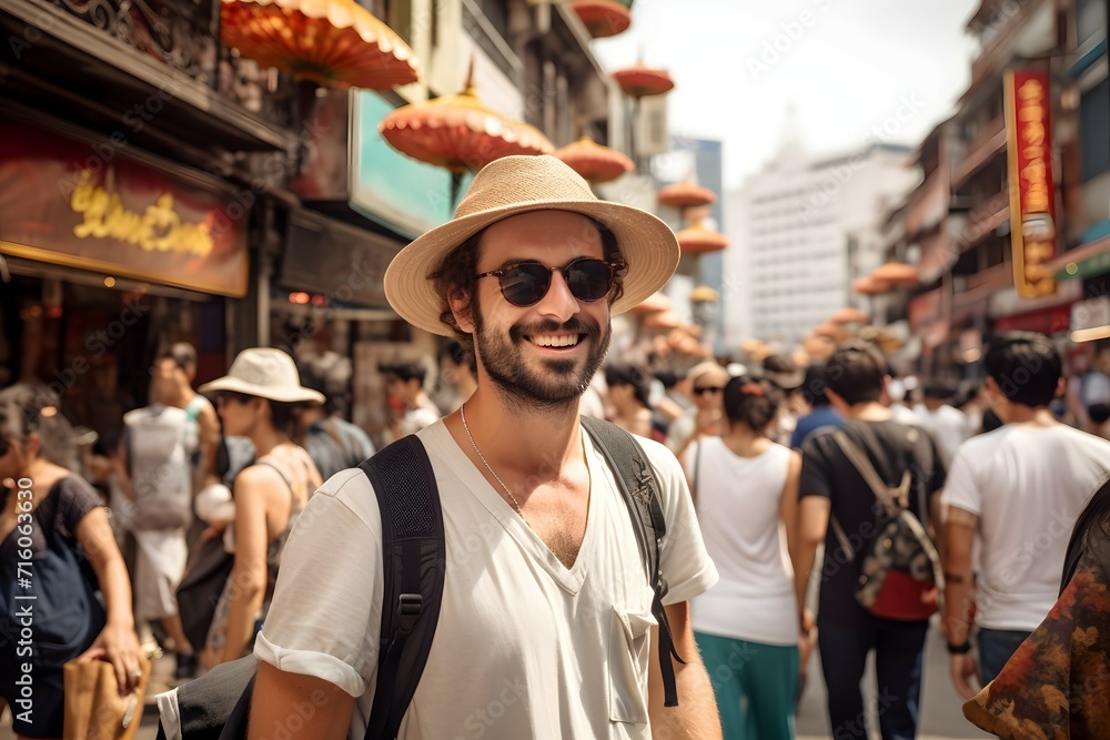 Male traveler enjoying the vibrant atmosphere of an Asian street market