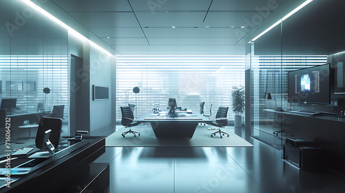 Iluminação suave ilumina um elegante espaço de escritório minimalista onde dispositivos tecnológicos de ponta se misturam perfeitamente ao ambiente photo