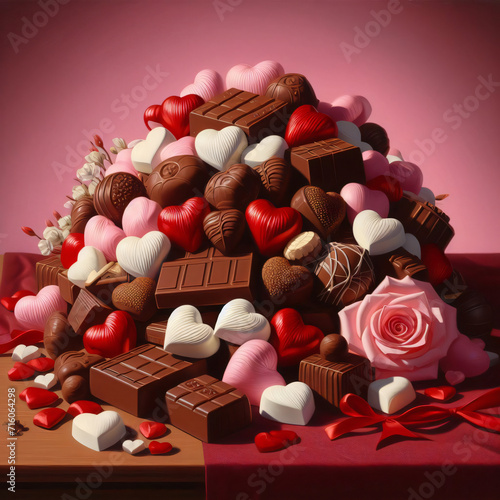 a pile of valentine chocolates on the table with ribbons and decorations
