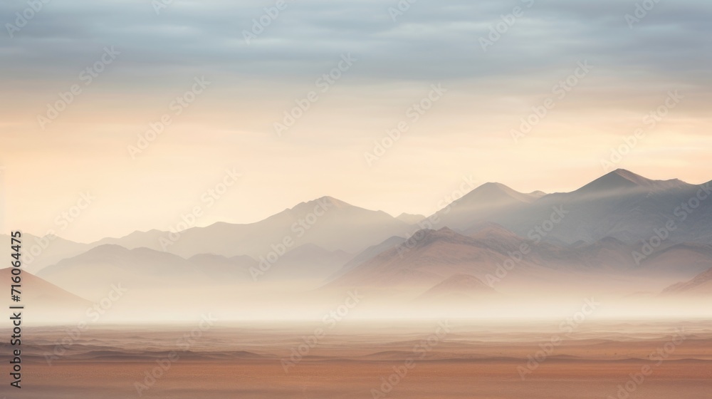 Blurred Boundaries The fog blurs the contrast between the harsh desert and the distant mountains, creating a beautiful and surreal scene.