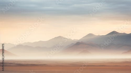 Blurred Boundaries The fog blurs the contrast between the harsh desert and the distant mountains, creating a beautiful and surreal scene.