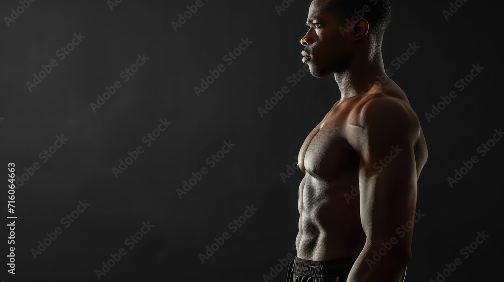 Side Profile of Healthy Shirtless Man Standing in Dark Room Generative AI