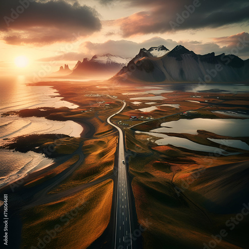 Ariel View of a Long Scenic Mostly Empty Curve Winding Line Dark Asphalt Countryside Street Road without Cars Driving in Iceland in a Beautiful Landscape, Misty Snow Volcanic Mountains & Sunset Coast 