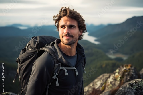 Male traveler on a mountaintop with a backpack appreciating the mountain scenery