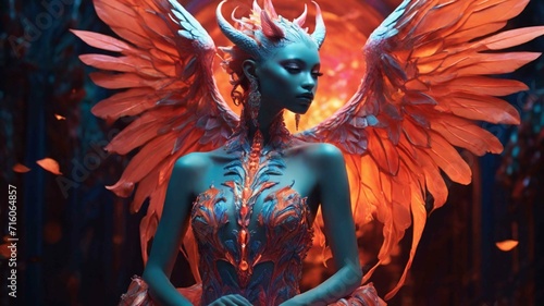 Dark demonic woman in red hell fire mythical fantasy world