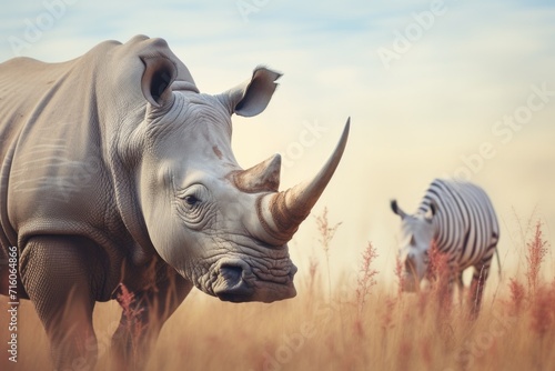A rhinoceros and a zebra are standing in the grass. Generative AI. © serg3d