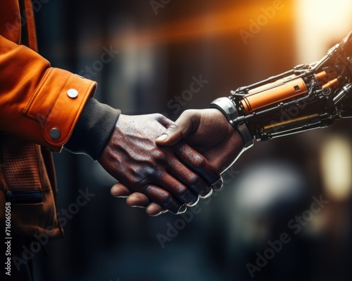 A person is shaking hands with a robot. Generative AI.