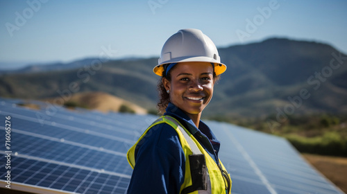Green Energy Champion: Female Engineer with Solar Panels, Generative AI