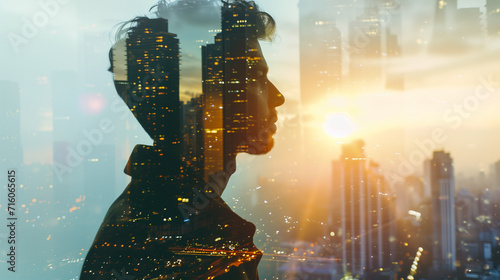 Double Exposure portrait of man with city skyline, corporate imagery