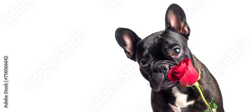 Valentine's Day,  Adorable French Bulldog with Red Rose on White Background - A Heartwarming Pet Dog Celebration Of Love.  photo