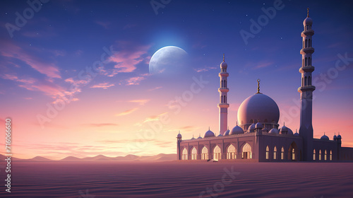 illustration of a mosque in the middle of the desert with a beautiful twilight sky