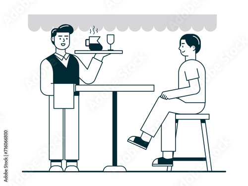 Waiter serves coffee for customer. Coffee time vector illuatrations.