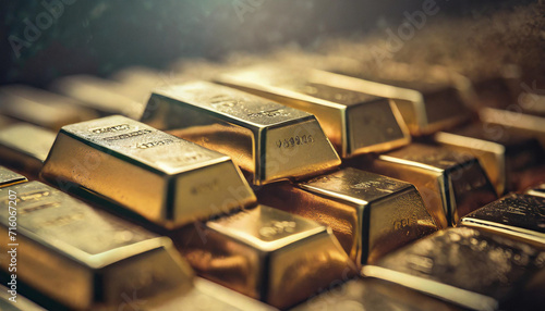 Large quantity of gold ingots, stacked, close-up photo