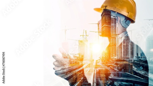 Conceptual double exposure illustration of civil engineering project with graphic design. An architect  civil engineer or worker in double exposure with equipment and construction.