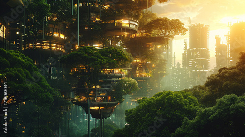 A futuristic forest city  integrating nature with urban structures  world of the future  dynamic and dramatic compositions  with copy space