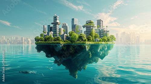A floating city adapting to rising sea levels, sustainable and self-sufficient, world of the future, dynamic and dramatic compositions, with copy space