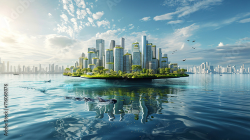A floating city adapting to rising sea levels, sustainable and self-sufficient, world of the future, dynamic and dramatic compositions, with copy space
