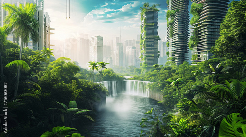 An innovative water harvesting city in a rainforest, preserving biodiversity, world of the future, dynamic and dramatic compositions, with copy space