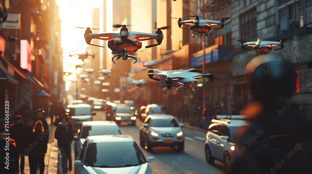 Obraz premium A scene of people using personal flying devices, reducing ground traffic, world of the future, dynamic and dramatic compositions, with copy space