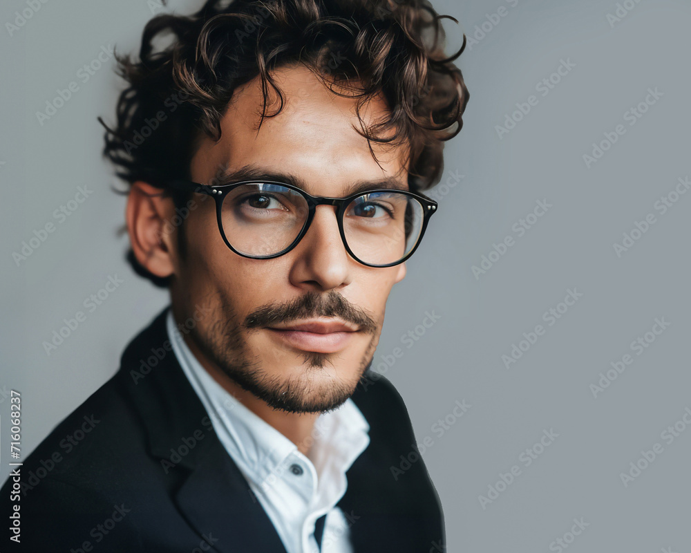 Close-up portrait of man with glasses on gray background Close-up portrait of man with glasses on gray background