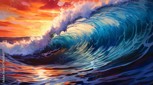 Blazing Heat of July with Glaring Cobalt Waves. Colorful Beach Waves Painting.