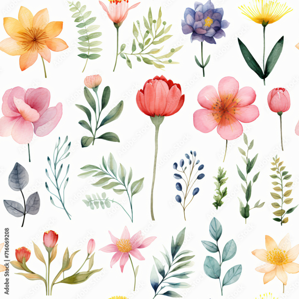 Seamless pattern of Asian flowers, watercolor, Wrapping paper pattern