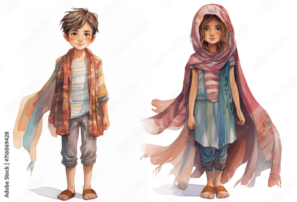Cute little Arabic boy and girl, her cute accentuated by a vibrant and colorful veil, watercolor.