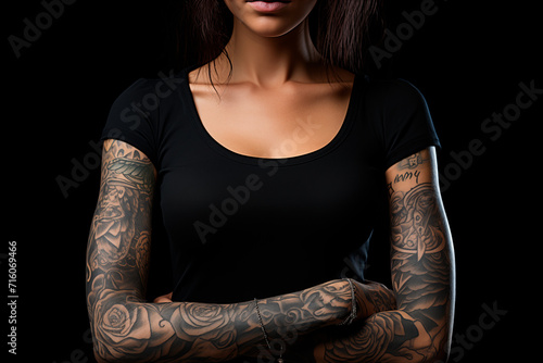 low key image of the tattoos of an unrecognizable woman with black t-shirt and black background. Generative AI photo