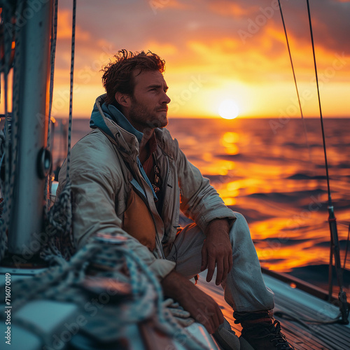 A man traveler sits on a yacht in the middle of the sea and watches the sunset.