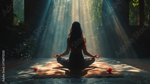 A woman meditates in the sunlight  in the lotus position.