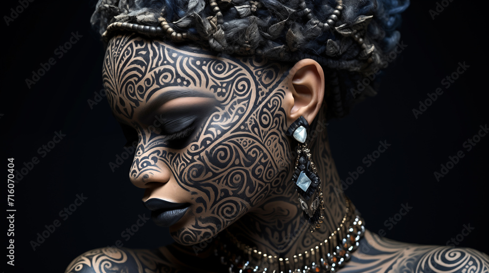 Naklejka premium Face of a black woman adorned with intricate facial tattoos a blend of traditional and contemporary styles.