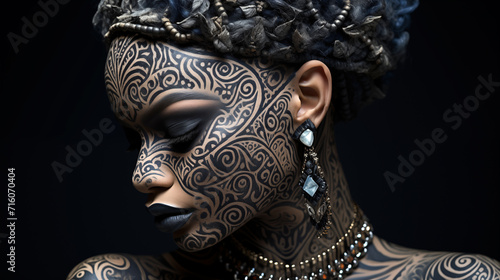 Face of a black woman adorned with intricate facial tattoos a blend of traditional and contemporary styles.