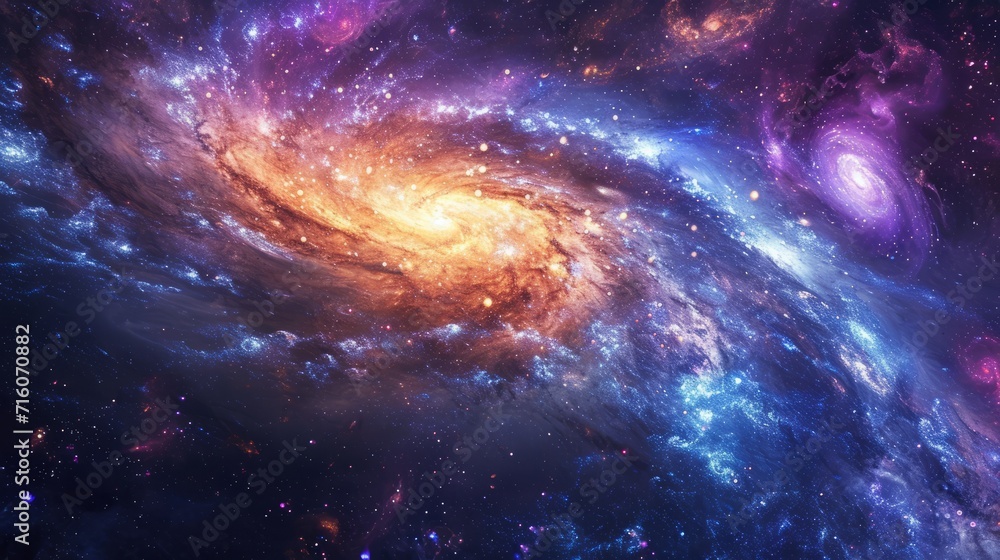 Stunning depiction of a spiral galaxy surrounded by cosmic colors