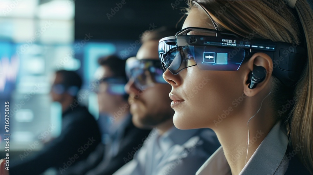 Group of corporate professionals using augmented reality glasses for work