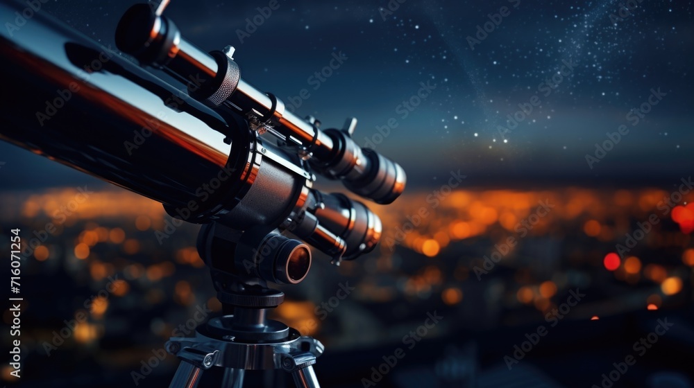 A zoomedin image of a misaligned telescope, showing the challenges that astronomers face in trying to focus and capture images amidst bright city lights and light pollution.
