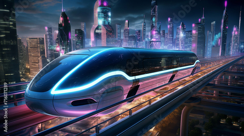 A sleek, futuristic maglev train gliding through a neon-lit cityscape at night