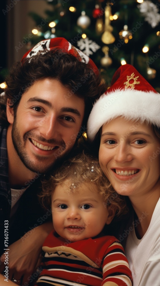 A joyful family celebrating Christmas at home, wearing Christmas hats and surrounded by festive decorations. Generative AI. A joyful family celebrating Christmas at home, wearing Christmas hats and surrounded by festive decorations. Generative AI.