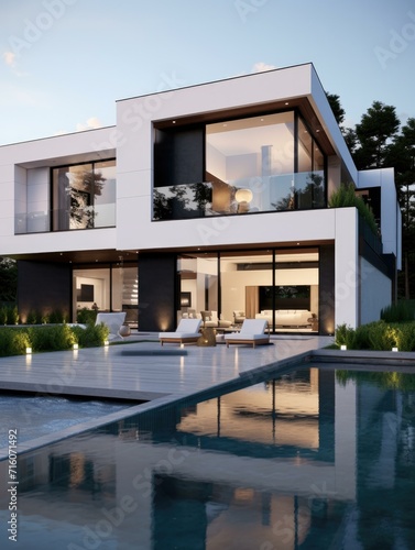 A minimalist villa with a sleek design, featuring a pool and patio, illuminated against the dusk sky. Generative AI.