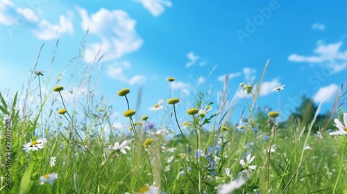 Spring Field with Long Grass Wild Flowers and clear Ai Generative