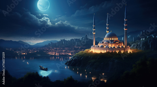 Foto mosque at night on a hilltop with beautiful sky